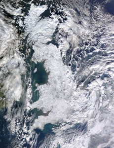 Satellite shot of the UK in Jan 2010, covered in snow